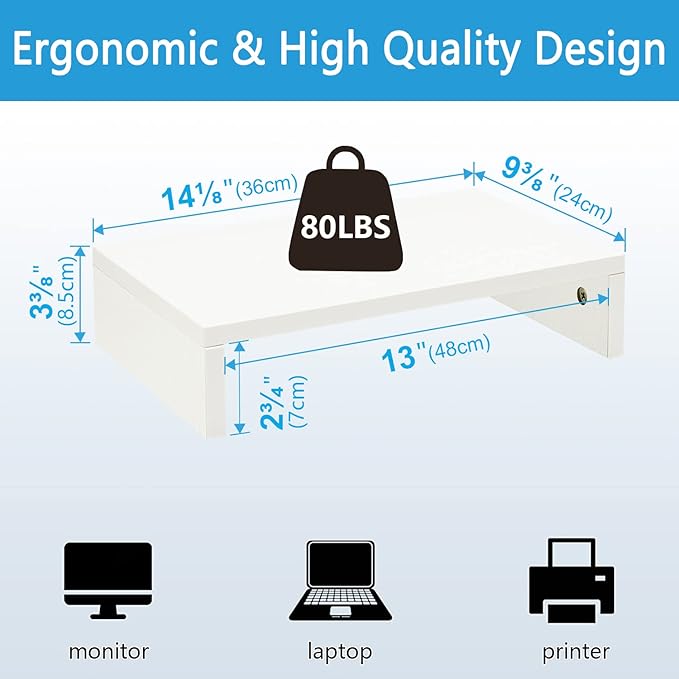 TEAMIX 14.2 inch White Monitor Stand Riser, Wood Monitor Riser with Storage for Desk Small Monitor Stand TV/Screen/PC/Laptop Riser Computer Stand Desktop Shelf (White-14.2 inch)