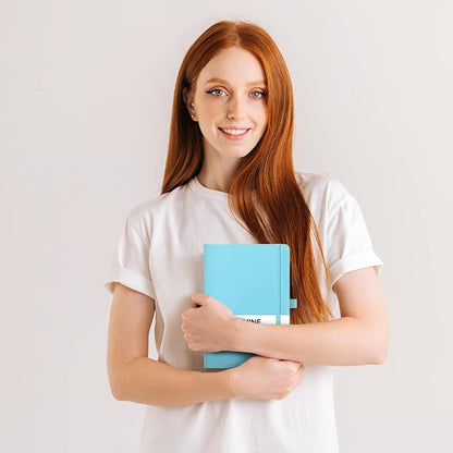 Dotted Journal/Notebook - Dot Grid Hard Cover Notebook, Premium Thick Paper with Fine Inner Pocket, Black Smooth Faux Leather, Pen Loop, 5.3'' x 8.26'' - Light Blue