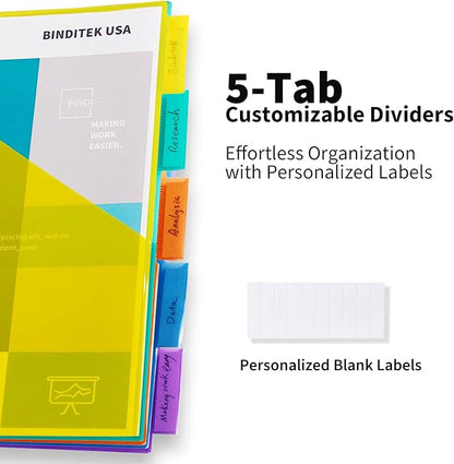 Binditek 10 Pack Plastic Dividers with Front Pocket, 5-Tab Insertable Poly Pocket Dividers for 3 Ring Binders, Letter Size, Multicolor, 2 Set, for Students and Coworkers