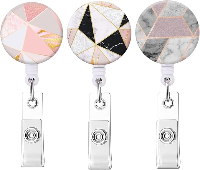 Retractable Badge Reel, Badge Holder with Alligator Clip, Cute Badge Clip on ID Name Card Holders for Nurse Doctor and Office (3Pack Geometric Marble)