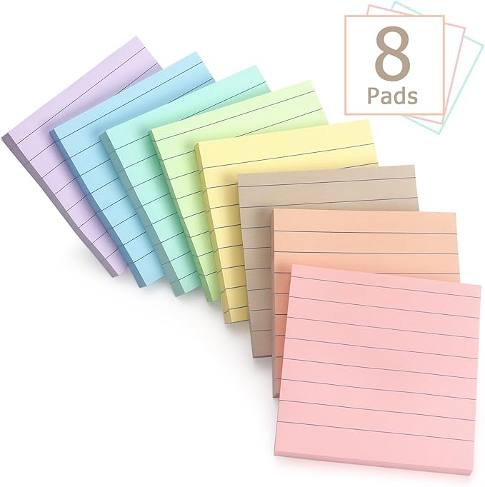 Lined Sticky Notes 3x3 Inch, 8 Pack, Light Colors, Premium Self-Adhesive Notepads, 640 Sheets, for Office, School & Home Use, Easy to Use, Reusable & Removable