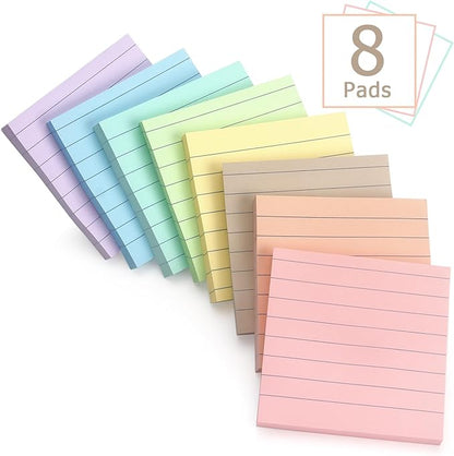 Lined Sticky Notes 3x3 Inch, 8 Pack, Light Colors, Premium Self-Adhesive Notepads, 640 Sheets, for Office, School & Home Use, Easy to Use, Reusable & Removable