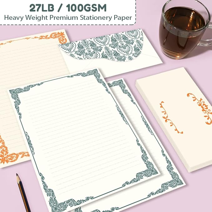Anzon Mories 96 Piece Stationary Set (64 Sheet Paper and 32 Envelope) Both Side Line Vintage Ivory Lace pattern 2 Color Navy Orange Gold border Stationery Letter Writing Paper 8.5 x 11 In College Rule