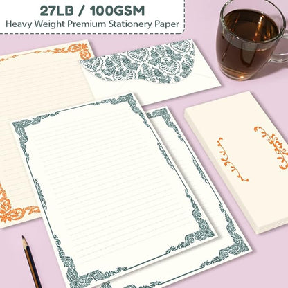 Anzon Mories 96 Piece Stationary Set (64 Sheet Paper and 32 Envelope) Both Side Line Vintage Ivory Lace pattern 2 Color Navy Orange Gold border Stationery Letter Writing Paper 8.5 x 11 In College Rule
