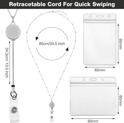 Outus 2 Pieces Badge Lanyard with ID Holders Stainless Steel Badge Holders Necklace Retractable Reel Clip Chain Water Resistant Name(Gray, Silver)