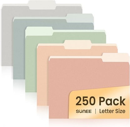 SUNEE File Folders Letter Size Pastel Colors, 250 Pack Manilla Folders 8.5 x 11 1/3-Cut Tabs, Colored File Folders Office Home School for Documents Files Paper