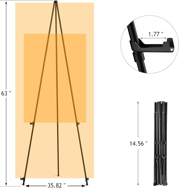 Thicken Display Easel Stand for Wedding - 63" Instant Tripod Collapsible Portable Sturdy Floor Easel - Easy Folding Adjustable Poster Metal Stand for Signs, Display Show, Artist, Art, Painting - Black