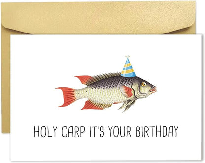 Spercy Funny Pun Birthday Card for Friends, Fishing Carp Birthday Card for Him Her, Humor Fishing Birthday Card, Holy Carp, It's Your Birthday