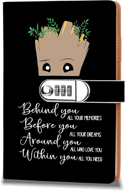 Funny Groot Gifts Leather Combination Lock Notebook Always Remember You’re Braver Than You Believe Leather Locked Journal Notebook Birthday Gifts for Daughter Son (behind you)