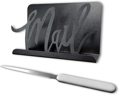 Black Metal Mail Holder, Countertop Letter Organizer with Letter Opener, Office Desktop Envelope Rack, Tabletop Document Stand (Art)