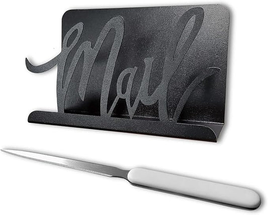 Black Metal Mail Holder, Countertop Letter Organizer with Letter Opener, Office Desktop Envelope Rack, Tabletop Document Stand (Art)