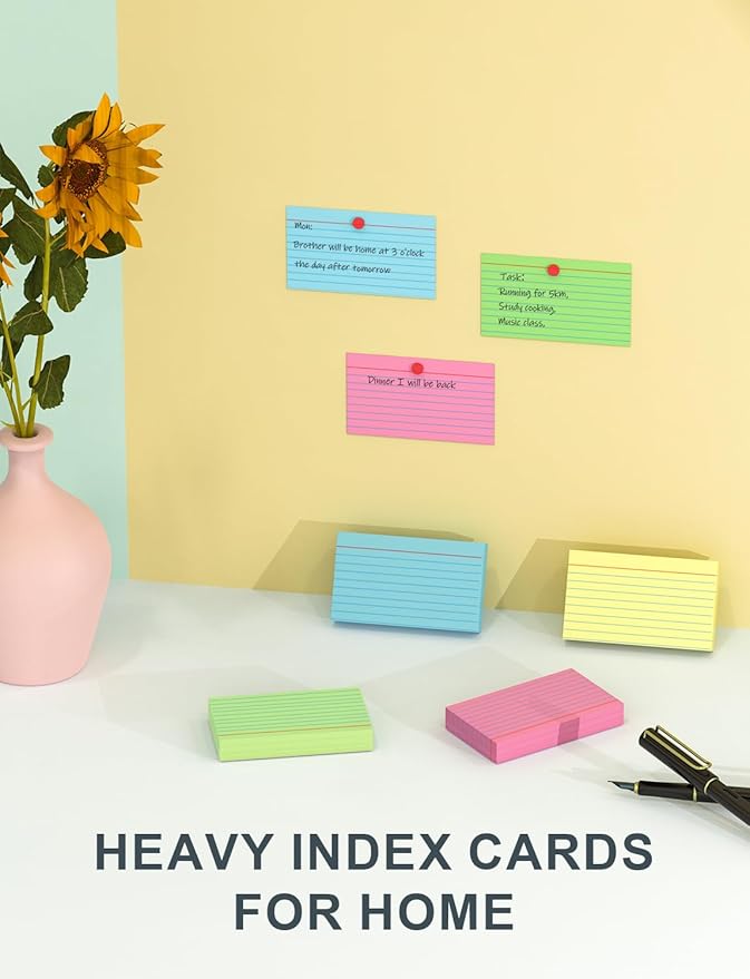Colored Index Cards 3x5 Inch - 200 Pack, Ruled Index Flash Cards for Studying, Lined Index Note Cards 3" x 5" with Colorful, Heavy Colored Flashcards 3x5 Notecards for Office, Home and School Supplies
