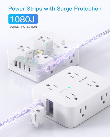 10 Ft Extension Cord with Multiple Outlets, Flat Plug Power Strip Surge Protector 10 Ft Long Cord, 8 Outlets, 30W USB C Charger (2 USB C Ports), Multi Plug Wall Outlet for College Dorm Room Essentials