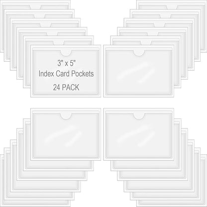 24 Pack Self-Adhesive Index Card Pockets for 3" x 5" Card,Clear Plastic Labels Holders with Top Open for Loading, Storage Bins, Library and Bins