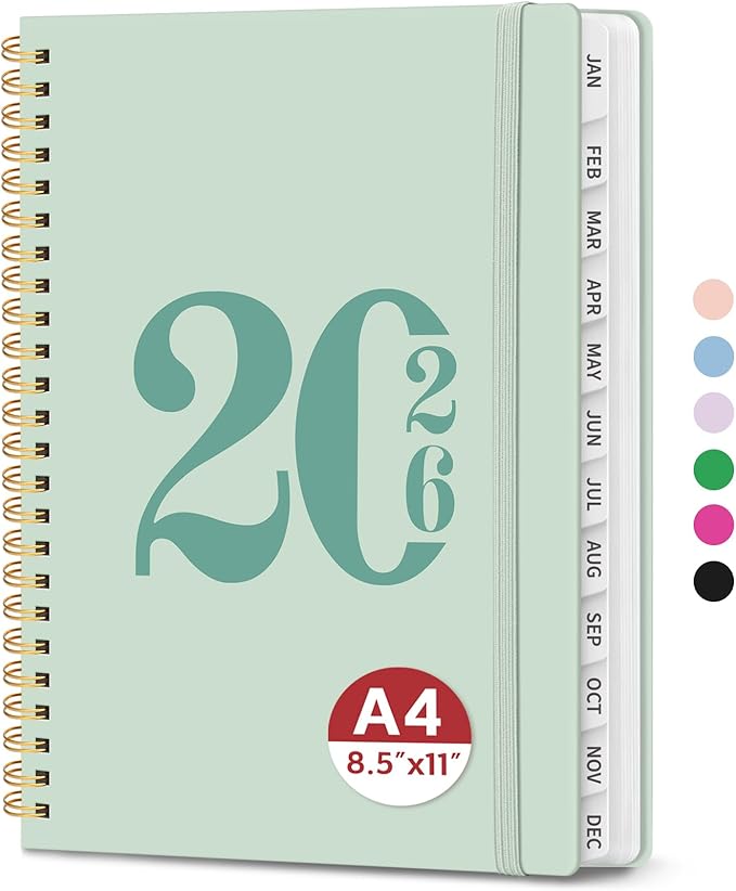 2026 Planner, Weekly and Monthly Calender Planner, Jan 2026 to Dec 2026, Hardcover 2026 Calendar Planner Book with Tabs & Inner Pocket, Office Home School Supplies for Women & Men - A4 (8.5" x 11"), Mint