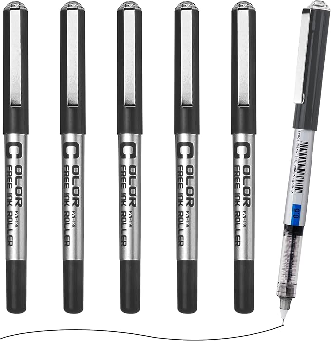EYEYE 6 Pack Black Pen Rollerball Needle Tip 0.5mm, Quick Dry Liquid Ink Rollerball Pens Extra Fine Point Smooth Writing Pens for Journaling, Note Taking, Office, School Supplies