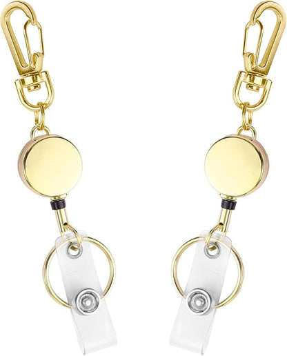 2 Pack Metal Retractable Badge Reel ID Badge Holder with Cord and Carabiner Key Chain (Gold)