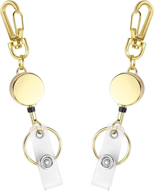 2 Pack Metal Retractable Badge Reel ID Badge Holder with Cord and Carabiner Key Chain (Gold)