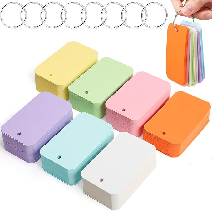 Koogel 1,500PCS Multicolor Index Paper with Binding Rings, 7 Colors 2.2 x 3.5 Inches Blank Easy Flip Flash Card Study Cards Business Cards Memo Scratch Pads Bookmark