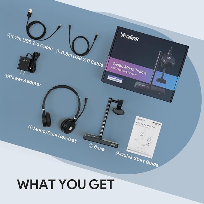 Yealink WH62 DECT Wireless Headset with DECT Base,525 Feet Range Teams/UC Zoom Certified Work Dual Ear Headset for Desk Phone and PC,Telephone Headset with Noise Cancelling Mic,Ringer,14 H Talk Time