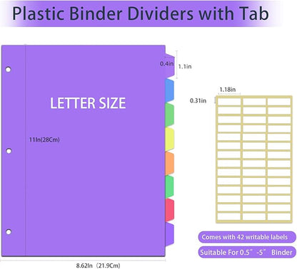 16Pcs/2 Sets Binder Dividers for 3 Ring Binder,8 Tab Binder Plastic Page dividers with Tab,8TAB Set,Multicolor