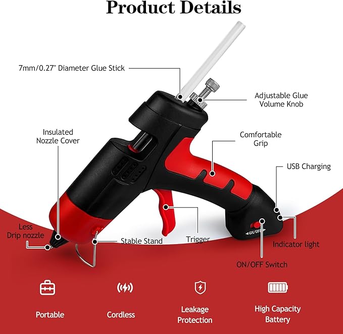 Cordless Hot Glue Gun, Fast Preheating Hot Melt Glue Gun, Mini Glue Gun Kit with 10 Premium Glue Sticks, Rechargeable Wireless Glue Gun for Art, Crafts, Home Repaire (Red)