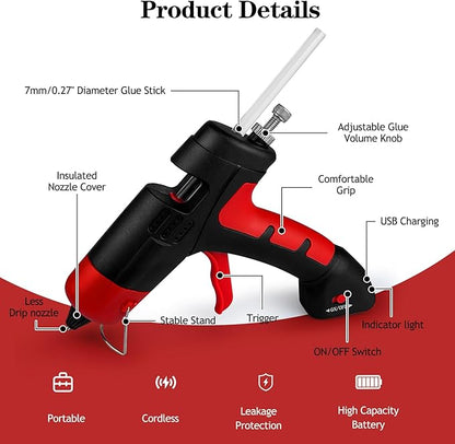 Cordless Hot Glue Gun, Fast Preheating Hot Melt Glue Gun, Mini Glue Gun Kit with 10 Premium Glue Sticks, Rechargeable Wireless Glue Gun for Art, Crafts, Home Repaire (Red)