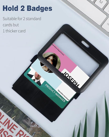 Uniclife 3 Pack Sliding Badge Holder Hard Black Horizontal Plastic Card Case Protector with Lanyard Strap Metal Buckle and Clip for Office School ID Credit Key Card Driver’s License and Pass