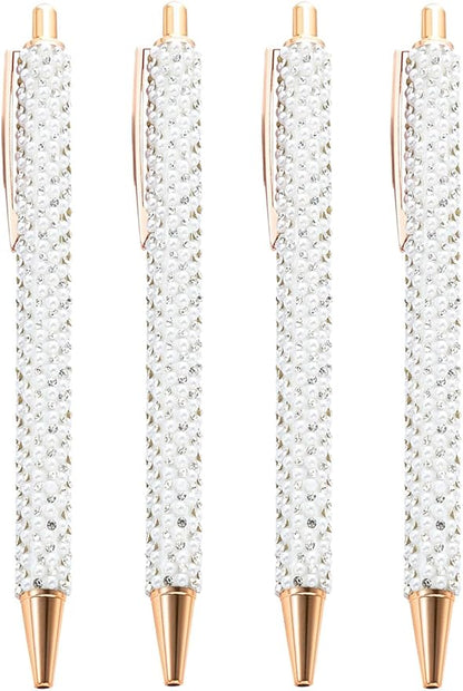 4 Pcs White Pearl Pens Rhinestone Metal Ballpoint Pens Sparkly Crystal Pens Black Ink for Women Girls Office School Supplies