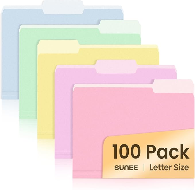 SUNEE File Folders, 100 Pack Manila File Folders 1/3 Cut Letter Size, Colored Folders,Office Organization,Folders for School,Files Paper Home and Classroom,5 Bright Color
