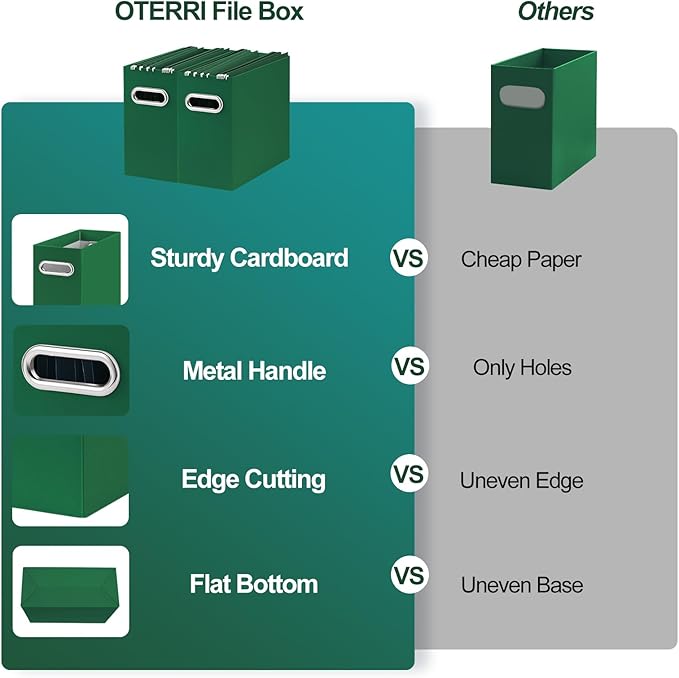 Oterri File Organizer, Small Storage Box, Cardboard File Folder Organizer, Collapsible File Box, Hanging File Organizer for Letter Size, Portable File Box with Handle, Only Box (Dark Green,6 Packs)