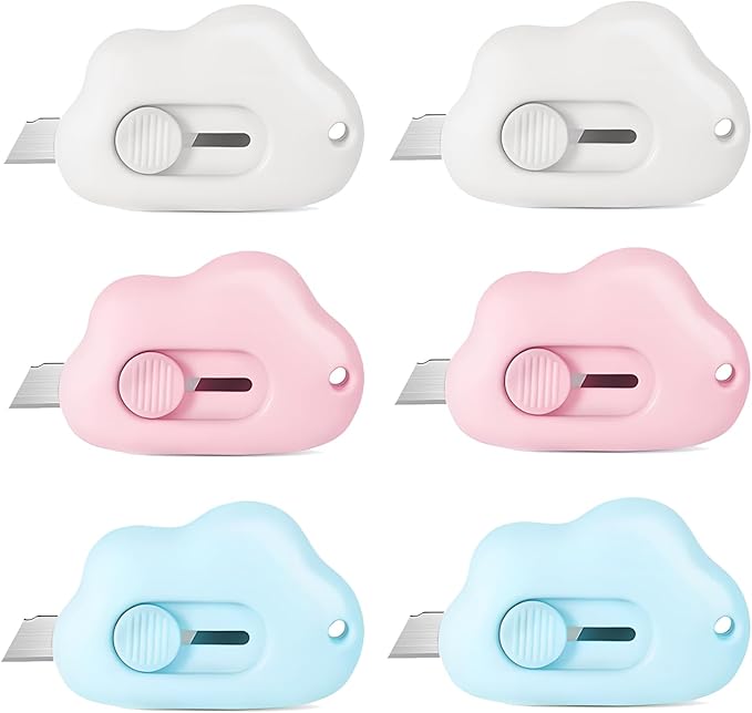 Mini Cloud Box Cutters Retractable Cute, 6 Pcs Small Utility Knives, Portable Letter Opener Slide Open with Keychain Hole, for Office School Stationery, Cutting Box Envelopes Papercutting (6)