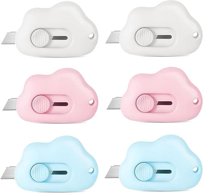 Mini Cloud Box Cutters Retractable Cute, 6 Pcs Small Utility Knives, Portable Letter Opener Slide Open with Keychain Hole, for Office School Stationery, Cutting Box Envelopes Papercutting (6)