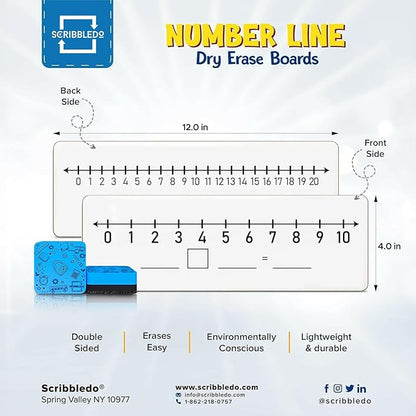 SCRIBBLEDO 10 Pack Dry Erase Number Line White Boards 4x12 Inch Lapboard Double Sided Whiteboard Numbers 1 Thru 10 and 20 I Math White Board for Kids Students Classroom Addition Subtraction Division