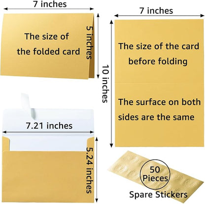 Wishop 50 Pack Shiny Self-Adhesive Envelopes with Shiny Fold Cards for Wedding Invitations, Greeting Cards, Baby Shower, Letter Mailing (Gold, 5x7)