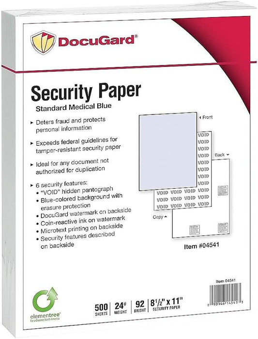 Paris DocuGard Standard 8.5-inch x 11-inch Medical Security Paper, 24 lbs., Blue, 500 Sheets/Ream, 2500/Carton (04541P)