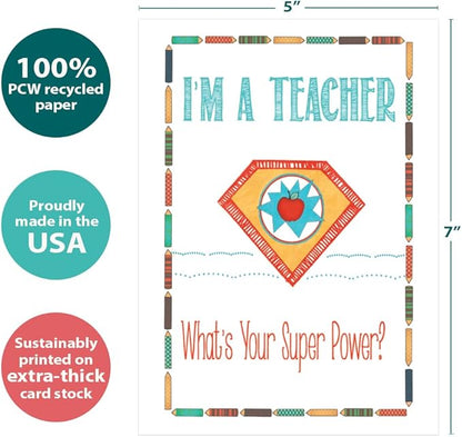 Tree-Free Greetings Teacher Appreciation Cards - Artful Designs - 1 Card + Matching Envelopes - Made in USA - 100% Recycled Paper - 5"x7" - Lighthearted, For Teacher, Teacher Super Power (GO64449)