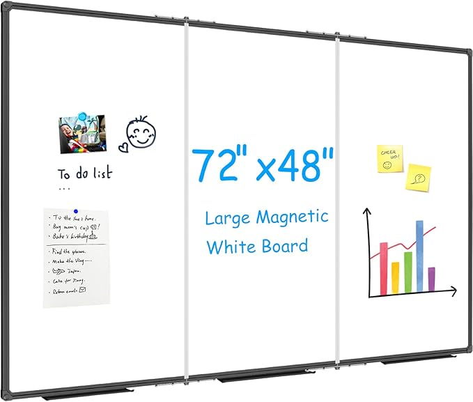 JILoffice Large Magnetic White Board 72 x 48 Inches, Foldable Dry Erase White Board, Black Aluminum Frame Wall Mounted Board for Office Home and School