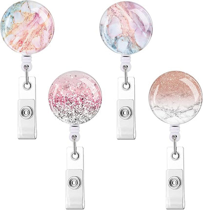 Retractable ID Badge Holder Nurse Badge Reels with Clip Name Card Holders for Office Worker Doctor Nurse (Marble 4-1)