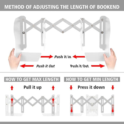 2PCS Adjustable Bookends, Metal Book Ends for Heavy Book, 2 Dividers, Nonslip Book Stander for Desk, Shelf, Office, Stationery Gift, Extends up to 19 inches (White)