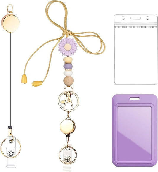Colorful ID Badge Holder with Silicone Beads Lanyard Set,Cute Teacher Breakaway Lanyard for Keys & Keychain with Cute Retractable Badge Reel Holder,Gift for Women,Nurse, Teacher. (Purple Daisy)