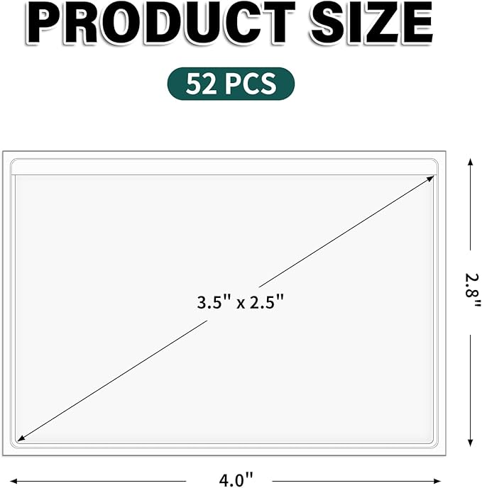 52 Pack Index Card Pockets with Top Open, 3.5 x 2.5 Inch Adhesive Label Pockets Clear Plastic Index Card Holder for Organizing, Storage Bins, Library Cards, Notes