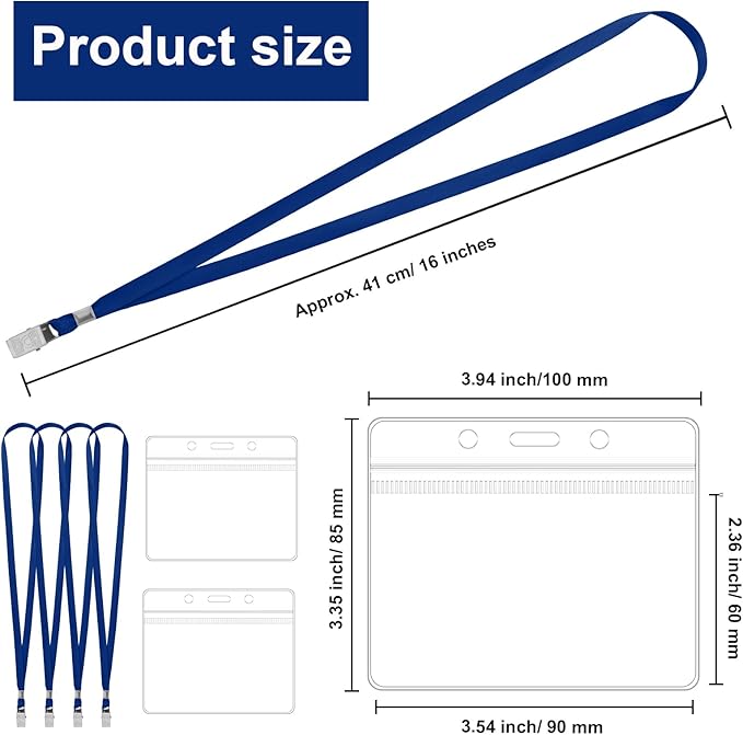 100 Pcs Lanyards for ID Badges and 100 Pcs Clear Name Tag Holders Reusable Lanyard with Clip Plastic ID Card Badge Holder Name Badges for Adults Kids Business School Office Supplies (Dark Blue)