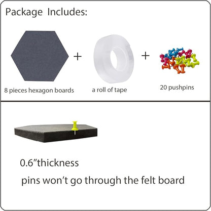 LAJAR 8 Pcs Hexagon Felt Bulletin Board Tiles, Self Adhesive Felt Pin Board Wall Tiles for Photos, Pictures, Memos (Light Gray)