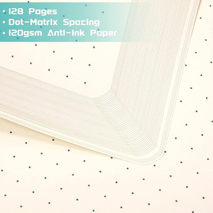 Dotted Journal/Notebook - Dot Grid Hard Cover Notebook, Premium Thick Paper with Fine Inner Pocket, Black Smooth Faux Leather, Pen Loop, 5.3'' x 8.26'' - Cyan