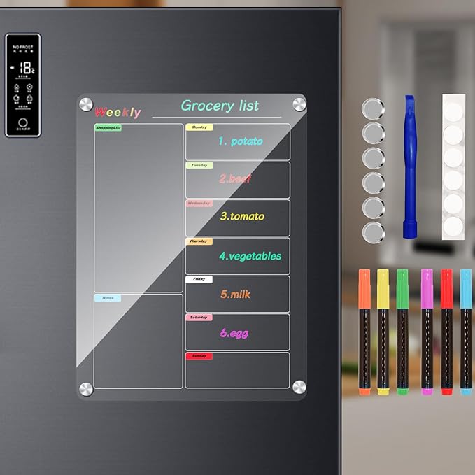 Fridge Calendar Meal Planning Board, Dry Erase Acrylic Magnetic Monthly Weekly Calendar Planner for Refrigerator with 6 Colors Markers (Transparent-Weekly(15.7x11.8"))