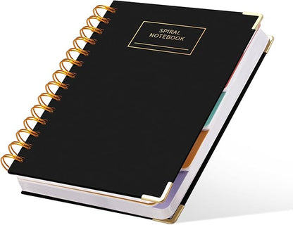 Hardcover Spiral Notebook with Tabs 5.5"x7.5" Small Spiral Lined Journals for Women with Dividers 220 Pages College Ruled Composition Notebook 5 Subject Notebook for Work, Back to School, Gifts, Black
