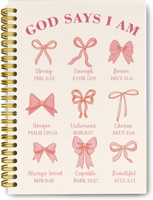 Coquette Pink Bows Spiral Bible Notebook, Christian Gifts for Women Girls, God Says I Am Christian Scripture Prayer Journal, Church Notes Notebook, Hardcover Notebooks College Ruled 5.5 x 8.3