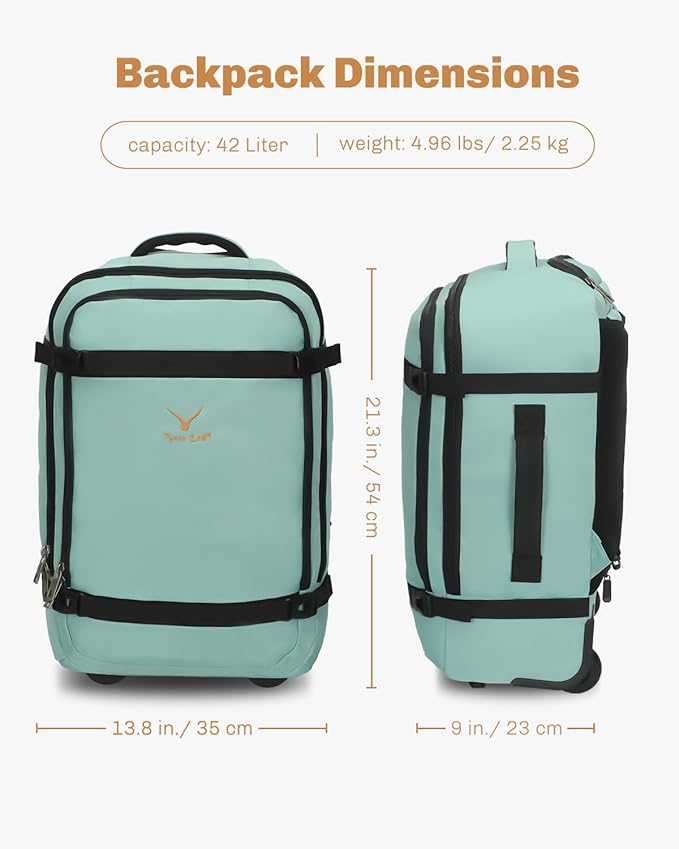 Hynes Eagle Rolling Backpack 42L Backpack with Wheels Airline Approved Carry on Luggage Laptop Travel Backpack for Women Men Mint Green