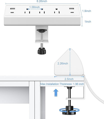 Desk Clamp Power Strip USB C,40W Fast Charging Station,2 PD 20W USB C Charger,Desk Edge Mount Power Strip 4 USB Ports 3 Widely Spaced Outlets Surge Protector,6ft Flat Plug,Fit 1.96" Tabletop Edge